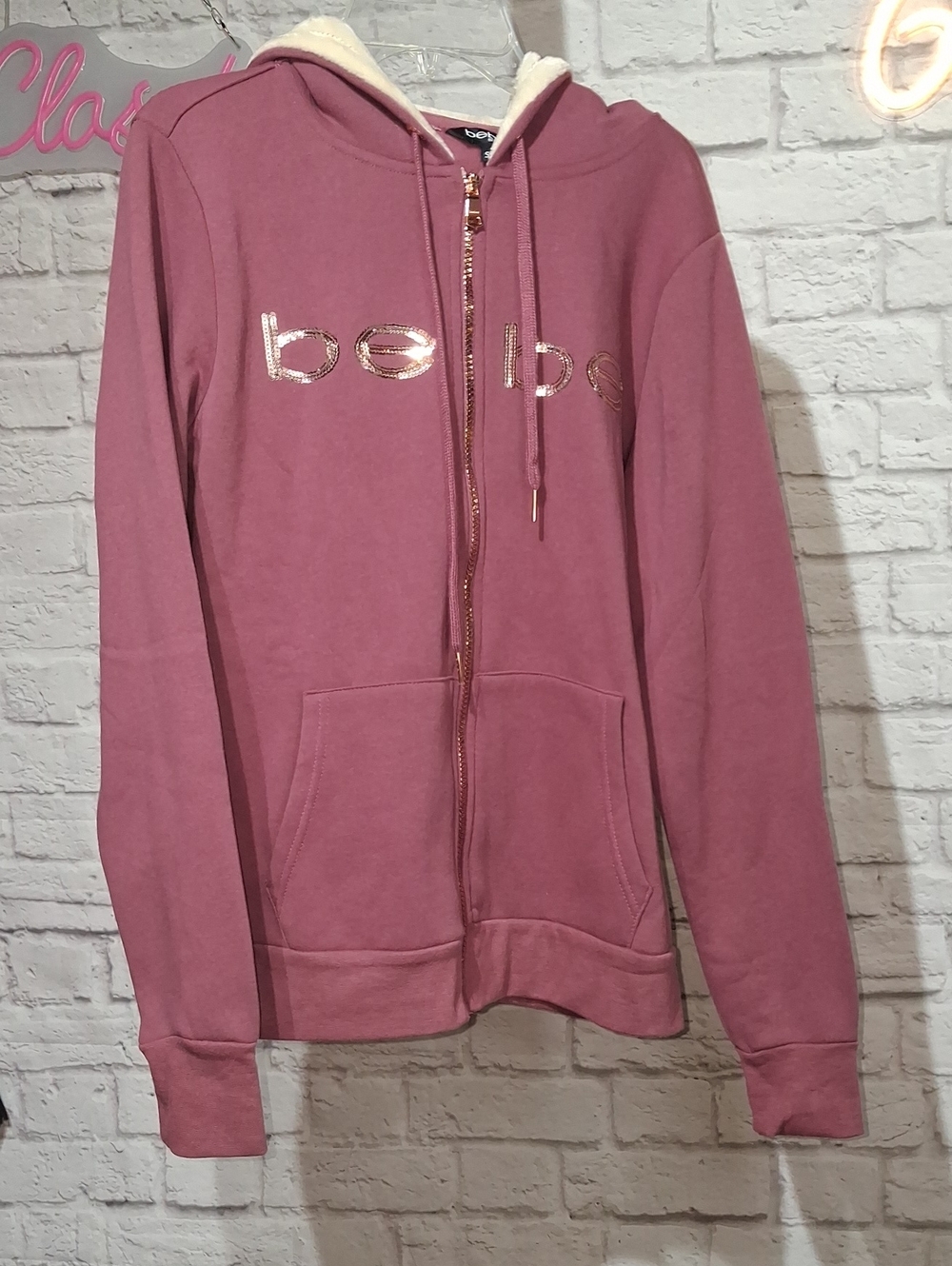 bebe Rose Pink Zip-Up Hoodie with Metallic Logo